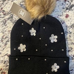 Black Beanie with Tan Puff And Silver Daisy accents